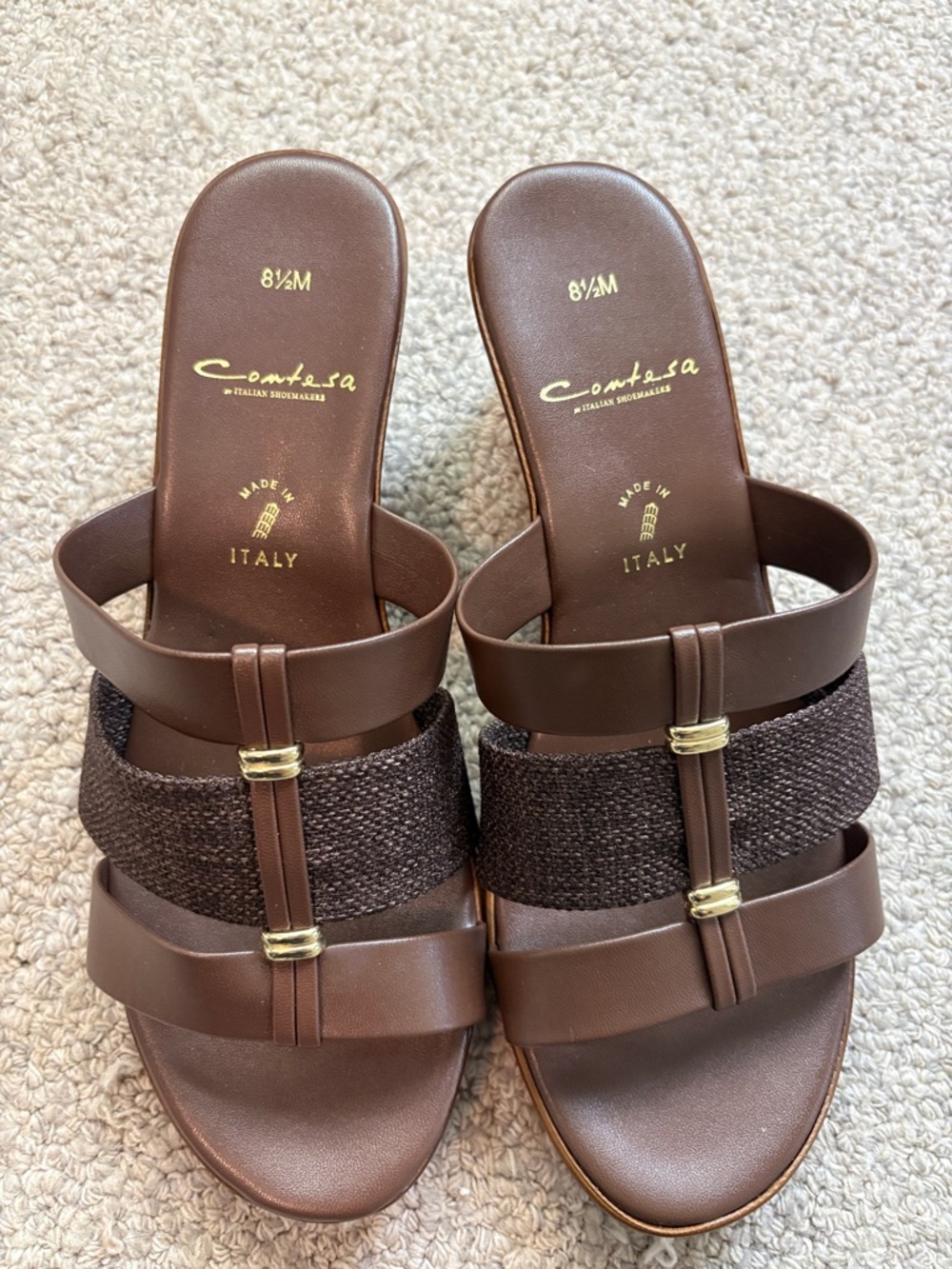 NWOT Contessa Leather & Woven Slide Sandals - Brown